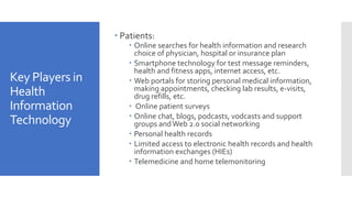 Key Players in
Health
Information
Technology
 Patients:
 Online searches for health information and research
choice of physician, hospital or insurance plan
 Smartphone technology for test message reminders,
health and fitness apps, internet access, etc.
 Web portals for storing personal medical information,
making appointments, checking lab results, e-visits,
drug refills, etc.
 Online patient surveys
 Online chat, blogs, podcasts, vodcasts and support
groups andWeb 2.0 social networking
 Personal health records
 Limited access to electronic health records and health
information exchanges (HIEs)
 Telemedicine and home telemonitoring
 