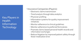 Key Players in
Health
Information
Technology
 Insurance Companies (Payers):
 Electronic claims transmission
 Trend analysis through data analytics
 Physician profiling
 Information systems for quality improvement
initiatives
 Monitor adherence to clinical guidelines
 Monitor adherence to preferred formularies
 Promote claims-based personal health records and
information exchanges
 Reduce litigation by improved patient safety through
fewer medication error
 