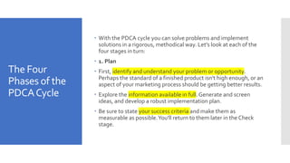 The Four
Phases of the
PDCACycle
 With the PDCA cycle you can solve problems and implement
solutions in a rigorous, methodical way. Let's look at each of the
four stages in turn:
 1. Plan
 First, identify and understand your problem or opportunity.
Perhaps the standard of a finished product isn't high enough, or an
aspect of your marketing process should be getting better results.
 Explore the information available in full. Generate and screen
ideas, and develop a robust implementation plan.
 Be sure to state your success criteria and make them as
measurable as possible.You'll return to them later in the Check
stage.
 
