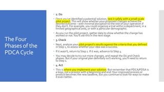 The Four
Phases of the
PDCACycle
 2. Do
 Once you've identified a potential solution, test it safely with a small-scale
pilot project.This will show whether your proposed changes achieve the
desired outcome – with minimal disruption to the rest of your operation if
they don't. For example, you could organize a trial within a department, in a
limited geographical area, or with a particular demographic.
 As you run the pilot project, gather data to show whether the change has
worked or not.You'll use this in the next stage.
 3. Check
 Next, analyze your pilot project's results against the criteria that you defined
in Step 1, to assess whether your idea was a success.
 If it wasn't, return to Step 1. If it was, advance to Step 4.
 You may decide to try out more changes, and repeat the Do and Check
phases. But if your original plan definitely isn't working, you'll need to return
to Step 1.
 4. Act
 This is where you implement your solution. But remember that PDCA/PDSA is
a loop, not a process with a beginning and end.Your improved process or
product becomes the new baseline, but you continue to look for ways to make
it even better.
 