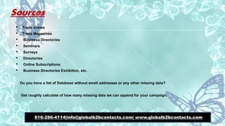 Sources
• Trade shows
• Trade Magazines
• Business Directories
• Seminars
• Surveys
• Directories
• Online Subscriptions
• Business Directories Exhibition, etc.
Do you have a list of Database without email addresses or any other missing data?
Get roughly calculate of how many missing data we can append for your campaign.
816-286-4114|info@globalb2bcontacts.com| www.globalb2bcontacts.com
 
