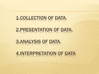 1.COLLECTION OF DATA.
2.PRESENTATION OF DATA.
3.ANALYSIS OF DATA.
4.INTERPRETATION OF DATA
3
 