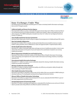Health Information Exchanges
A n a l y t i c s . I n f o r m a t i o n We e k . c o m




                                                           S t r a t e g y    S e s s i o n




                            State Exchanges Under Way
                            The federal government recently awarded grants to states to develop health information exchanges.
                            Here are the 10 largest awards:

                            California Health and Human Services Agency
                            Received $38.8 million to create a statewide HIE as part of more than $101 million in American Recov-
                            ery and Reinvestment Act funding awarded to California for health IT efforts and healthcare job cre-
                            ation programs. The ARRA funding also included more than $31 million for two Regional Extension
                            Centers in California.
                            Texas Health and Human Services Commission
                            Received $28.8 million, part of which will go to support the development of a Medicaid-based HIE system.
                            New York eHealth Collaborative
                            Received $22.4 million. NYeC is a public-private partnership that serves to build consensus on state
                            health IT policy priorities, and to collaborate on state and regional health IT implementation efforts.
                            Florida Health Information Network
                            Received $21 million to provide health data exchange services to healthcare providers. It aims to pro-
                            vide timely information at the point of care and improve the coordination of patient care among
                            healthcare providers.
                            Illinois Department of Health Care and Family Services
                            Received $18.8 million to fund the creation of the Illinois Office of Health Information Technology,
                            which will develop and implement the state’s health information technology initiatives, including a
                            statewide HIE.
                            Pennsylvania Health Information Exchange
                            Received $17.1 million to create a secure statewide network for sharing e-health information among
                            healthcare providers and patients.
                            Michigan Health Information Network
                            Received $15 million to improve healthcare quality, cost, efficiency and patient safety through elec-
                            tronic exchange of health information.
                            Ohio Health Information Partnership
                            Received $14.8 million to develop an HIE as part of $43 million Ohio was awarded in ARRA funding to
                            develop healthcare IT, including job training and two Regional Extension Centers.
                            Missouri Office of Health Information Technology
                            Received $13.8 million to support the development of a secure, statewide HIE. MO-HITECH is part of
                            the state’s department of social services.
                            Georgia Department of Community Health
                            Received $13 million to develop and implement a statewide HIE to facilitate access and use of clinical
                            data to provide safe, timely, efficient and effective patient-centered care.




                   8        November 2010                                               © 2010 InformationWeek, Reproduction Prohibited
 