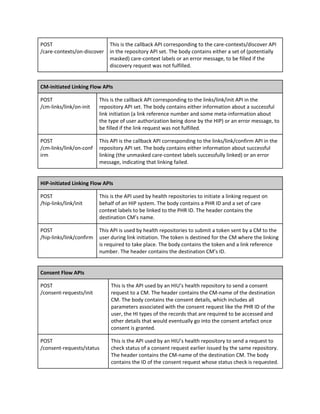 POST
/care-contexts/on-discover
This is the callback API corresponding to the care-contexts/discover API
in the repository API set. The body contains either a set of (potentially
masked) care-context labels or an error message, to be filled if the
discovery request was not fulfilled.
CM-initiated Linking Flow APIs
POST
/cm-links/link/on-init
This is the callback API corresponding to the links/link/init API in the
repository API set. The body contains either information about a successful
link initiation (a link reference number and some meta-information about
the type of user authorization being done by the HIP) or an error message, to
be filled if the link request was not fulfilled.
POST
/cm-links/link/on-conf
irm
This API is the callback API corresponding to the links/link/confirm API in the
repository API set. The body contains either information about successful
linking (the unmasked care-context labels successfully linked) or an error
message, indicating that linking failed.
HIP-initiated Linking Flow APIs
POST
/hip-links/link/init
This is the API used by health repositories to initiate a linking request on
behalf of an HIP system. The body contains a PHR ID and a set of care
context labels to be linked to the PHR ID. The header contains the
destination CM’s name.
POST
/hip-links/link/confirm
This API is used by health repositories to submit a token sent by a CM to the
user during link initiation. The token is destined for the CM where the linking
is required to take place. The body contains the token and a link reference
number. The header contains the destination CM’s ID.
Consent Flow APIs
POST
/consent-requests/init
This is the API used by an HIU’s health repository to send a consent
request to a CM. The header contains the CM-name of the destination
CM. The body contains the consent details, which includes all
parameters associated with the consent request like the PHR ID of the
user, the HI types of the records that are required to be accessed and
other details that would eventually go into the consent artefact once
consent is granted.
POST
/consent-requests/status
This is the API used by an HIU’s health repository to send a request to
check status of a consent request earlier issued by the same repository.
The header contains the CM-name of the destination CM. The body
contains the ID of the consent request whose status check is requested.
 