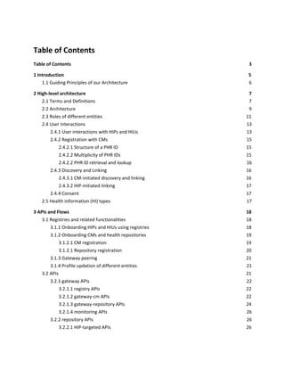 Table of Contents
Table of Contents 3
1 Introduction 5
1.1 Guiding Principles of our Architecture 6
2 High-level architecture 7
2.1 Terms and Definitions 7
2.2 Architecture 9
2.3 Roles of different entities 11
2.4 User Interactions 13
2.4.1 User interactions with HIPs and HIUs 13
2.4.2 Registration with CMs 15
2.4.2.1 Structure of a PHR ID 15
2.4.2.2 Multiplicity of PHR IDs 15
2.4.2.2 PHR ID retrieval and lookup 16
2.4.3 Discovery and Linking 16
2.4.3.1 CM-initiated discovery and linking 16
2.4.3.2 HIP-initiated linking 17
2.4.4 Consent 17
2.5 Health information (HI) types 17
3 APIs and Flows 18
3.1 Registries and related functionalities 18
3.1.1 Onboarding HIPs and HIUs using registries 18
3.1.2 Onboarding CMs and health repositories 19
3.1.2.1 CM registration 19
3.1.2.1 Repository registration 20
3.1.3 Gateway peering 21
3.1.4 Profile updation of different entities 21
3.2 APIs 21
3.2.1 gateway APIs 22
3.2.1.1 registry APIs 22
3.2.1.2 gateway-cm APIs 22
3.2.1.3 gateway-repository APIs 24
3.2.1.4 monitoring APIs 26
3.2.2 repository APIs 26
3.2.2.1 HIP-targeted APIs 26
 
