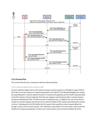 3.3.5 Consent flow
The consent flow has four components which we describe below:
3.3.5.1 Consent request from an HIU to a CM
Consent collection begins with an HIU system issuing a consent request to a CM against a given PHR ID.
(The CM to issue the request to is determined based on the PHR ID.) The CM acknowledges the request
by responding with a ​consent request ID ​(which is routed via the gateway and the health repository back
to the HIU system)​. ​Consent collection from the user happens asynchronously after a consent request
has been received by the CM. The CM may send a notification (e.g., via SMS) to the user at the time of
receipt of a consent request and ask the user to view the details of the request and either grant consent
or deny it. Subsequently, the CM notifies the HIU system that issued the consent request about the
change in status of the consent request. This notification, described in the next section, informs the HIU
whether the request was granted, in which case it also contains a list of consent artefact IDs of the
 