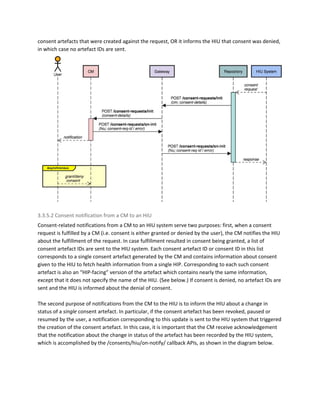 consent artefacts that were created against the request, OR it informs the HIU that consent was denied,
in which case no artefact IDs are sent.
3.3.5.2 Consent notification from a CM to an HIU
Consent-related notifications from a CM to an HIU system serve two purposes: first, when a consent
request is fulfilled by a CM (i.e. consent is either granted or denied by the user), the CM notifies the HIU
about the fulfillment of the request. In case fulfillment resulted in consent being granted, a list of
consent artefact IDs are sent to the HIU system. Each consent artefact ID or consent ID in this list
corresponds to a single consent artefact generated by the CM and contains information about consent
given to the HIU to fetch health information from a single HIP. Corresponding to each such consent
artefact is also an “HIP-facing” version of the artefact which contains nearly the same information,
except that it does not specify the name of the HIU. (See below.) If consent is denied, no artefact IDs are
sent and the HIU is informed about the denial of consent.
The second purpose of notifications from the CM to the HIU is to inform the HIU about a change in
status of a ​single ​consent artefact. In particular, if the consent artefact has been revoked, paused or
resumed by the user, a notification corresponding to this update is sent to the HIU system that triggered
the creation of the consent artefact. In this case, it is important that the CM receive acknowledgement
that the notification about the change in status of the artefact has been recorded by the HIU system,
which is accomplished by the /consents/hiu/on-notify/ callback APIs, as shown in the diagram below.
 