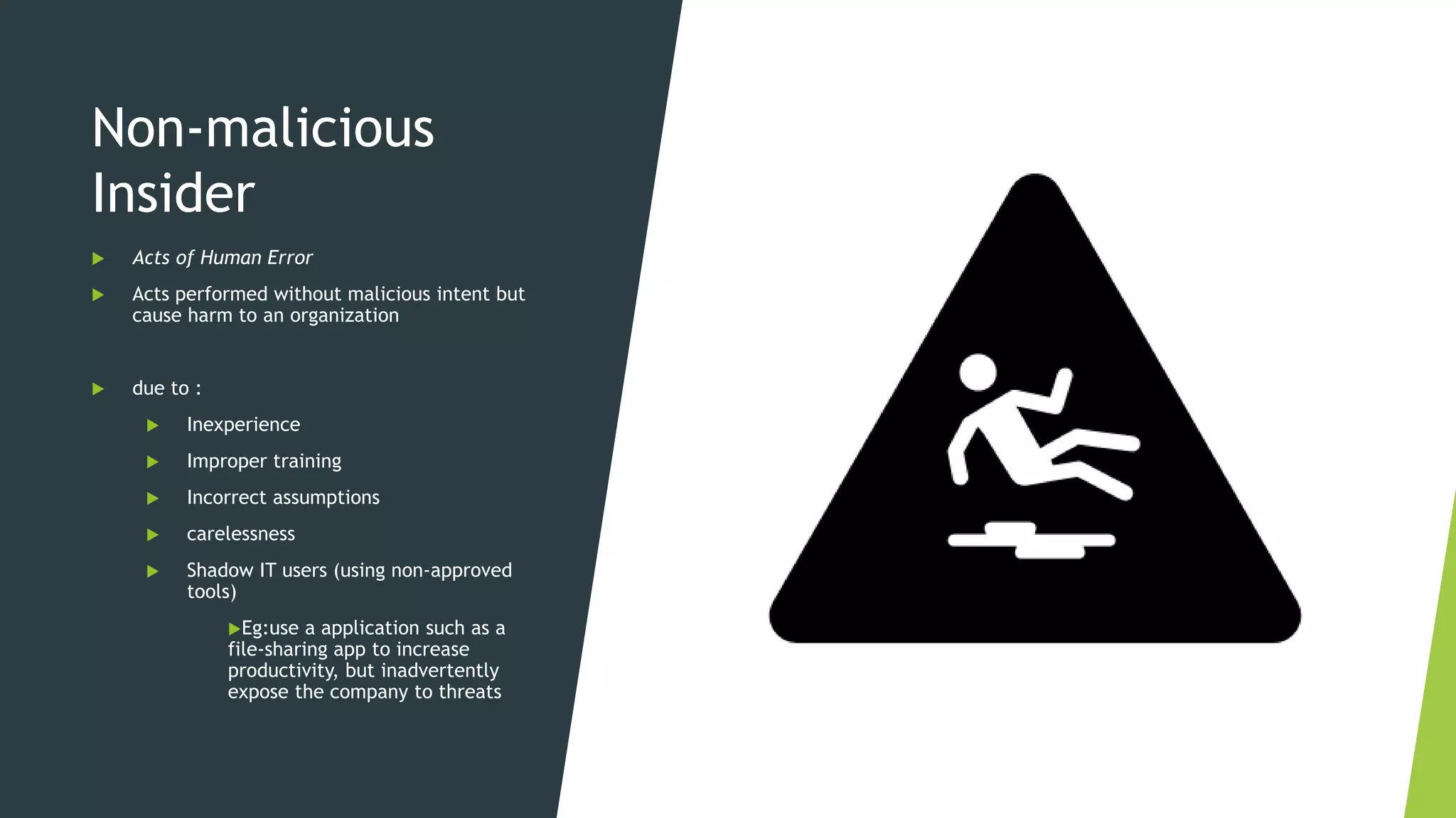Non-malicious
Insider
 Acts of Human Error
 Acts performed without malicious intent but
cause harm to an organization
 due to :
 Inexperience
 Improper training
 Incorrect assumptions
 carelessness
 Shadow IT users (using non-approved
tools)
Eg:use a application such as a
file-sharing app to increase
productivity, but inadvertently
expose the company to threats
 