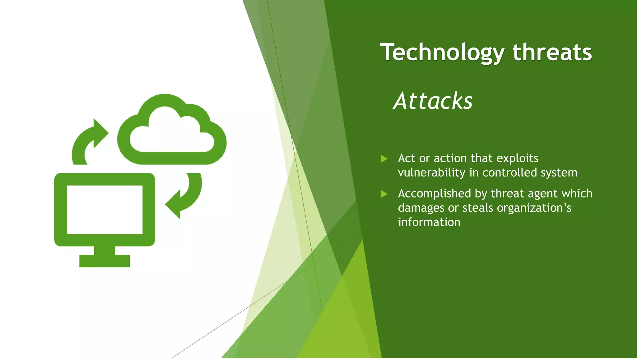 Technology threats
 Act or action that exploits
vulnerability in controlled system
 Accomplished by threat agent which
damages or steals organization’s
information
Attacks
 