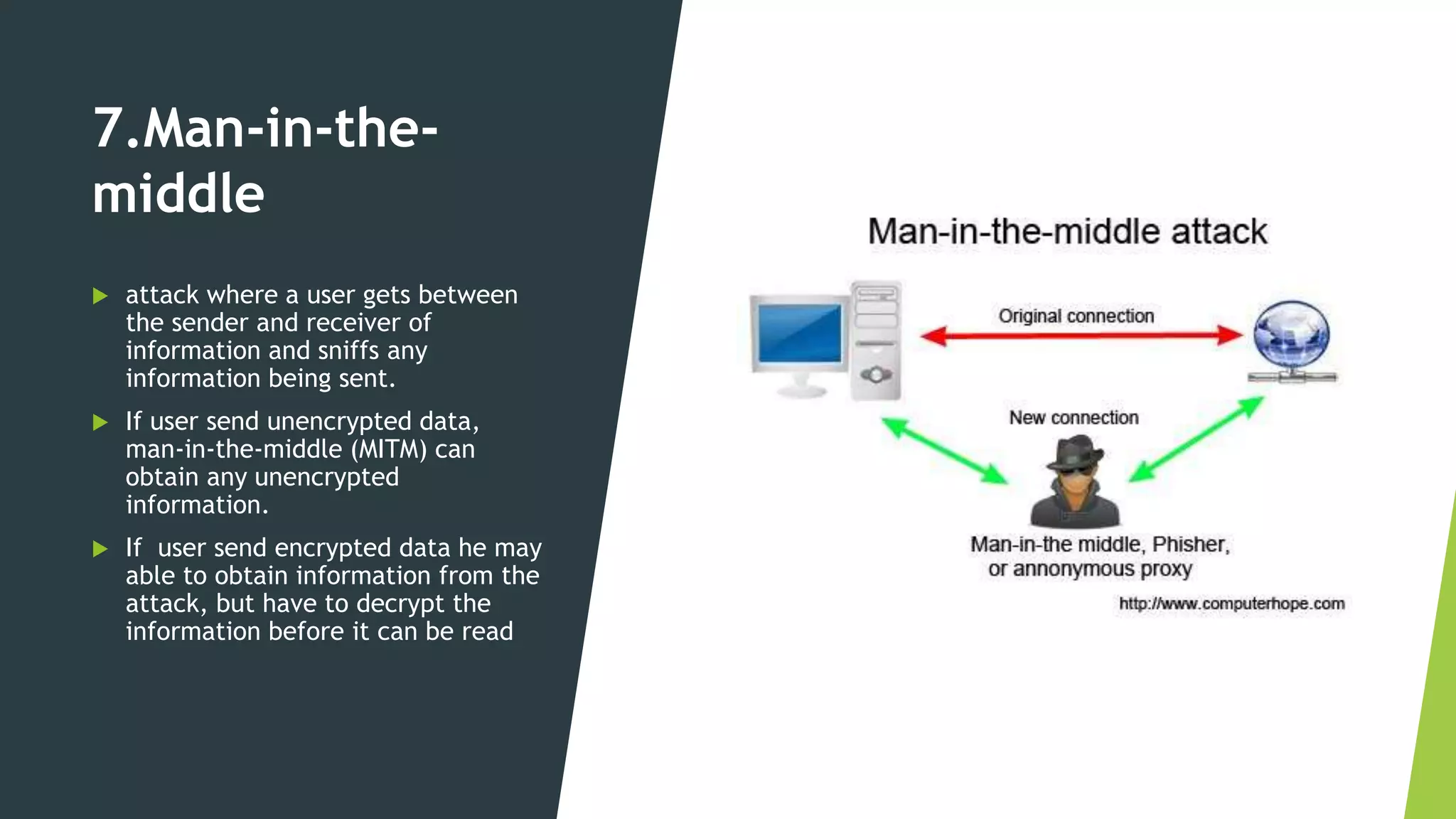 7.Man-in-the-
middle
 attack where a user gets between
the sender and receiver of
information and sniffs any
information being sent.
 If user send unencrypted data,
man-in-the-middle (MITM) can
obtain any unencrypted
information.
 If user send encrypted data he may
able to obtain information from the
attack, but have to decrypt the
information before it can be read
 