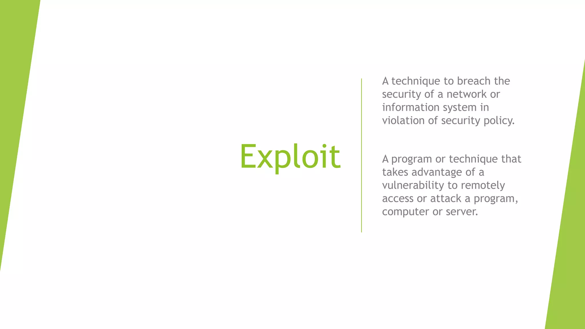 Exploit
A technique to breach the
security of a network or
information system in
violation of security policy.
A program or technique that
takes advantage of a
vulnerability to remotely
access or attack a program,
computer or server.
 