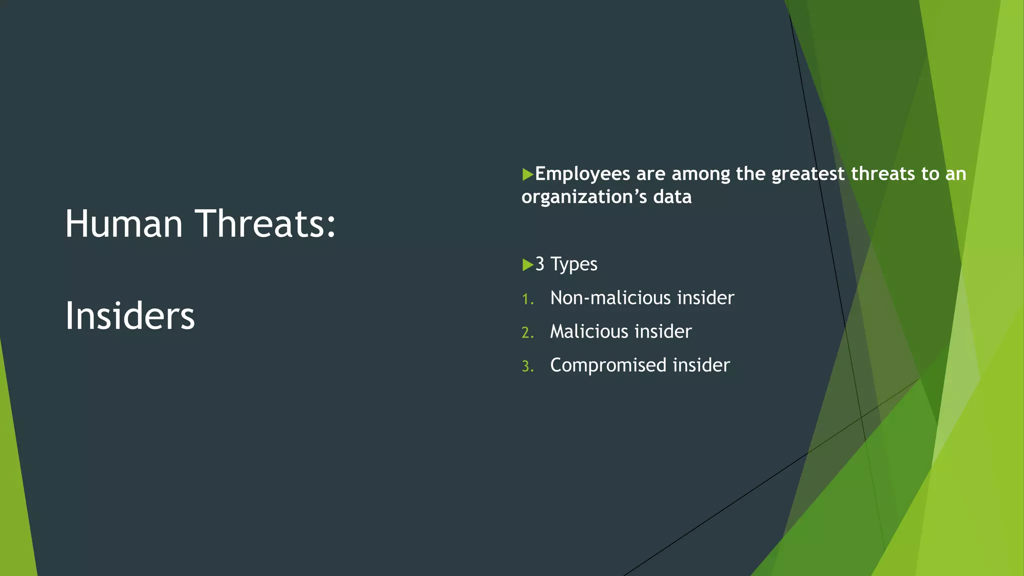 Human Threats:
Insiders
Employees are among the greatest threats to an
organization’s data
3 Types
1. Non-malicious insider
2. Malicious insider
3. Compromised insider
 