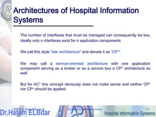 Health Information Systems 175
Architectures of Hospital Information
Systems
The number of interfaces that must be managed can consequently be low,
ideally only n interfaces exist for n application components
We call this style “star architecture” and denote it as “CP1“
We may call a service-oriented architecture with one application
component serving as a broker or as a service bus a CP1 architecture as
well.
But for AC1 this concept obviously does not make sense and neither CP1
nor CPn should be applied.
WJPP ter Burg MSc et. al
 