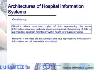 Health Information Systems 184
Architectures of Hospital Information
Systems
Consistency
Situation where redundant copies of data representing the same
information about one particular object are identical. Consistency of data is
an important condition for integrity within health information systems
However, if the data are not identical and thus representing contradictory
information, we call these data inconsistent
WJPP ter Burg MSc et. al
 