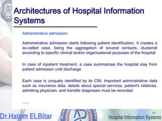 19
19
Architectures of Hospital Information
Systems
Administrative admission:
Administrative admission starts following patient identification. It creates a
so-called case, being the aggregation of several contacts, clustered
according to specific clinical and/or organizational purposes of the hospital
In case of inpatient treatment, a case summarizes the hospital stay from
patient admission until discharge
Each case is uniquely identified by its CIN. Important administrative data
such as insurance data, details about special services, patient's relatives,
admitting physician, and transfer diagnoses must be recorded
…..
 