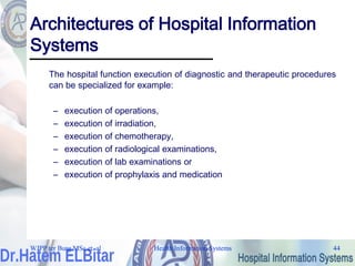 Health Information Systems 44
Health Information Systems 44
Architectures of Hospital Information
Systems
The hospital function execution of diagnostic and therapeutic procedures
can be specialized for example:
– execution of operations,
– execution of irradiation,
– execution of chemotherapy,
– execution of radiological examinations,
– execution of lab examinations or
– execution of prophylaxis and medication
WJPP ter Burg MSc et. al
 