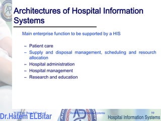 Health Information Systems 59
Health Information Systems 59
Architectures of Hospital Information
Systems
Main enterprise function to be supported by a HIS
– Patient care
– Supply and disposal management, scheduling and resourch
allocation
– Hospital administration
– Hospital management
– Research and education
WJPP ter Burg MSc et. al
 