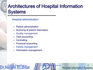 Health Information Systems 96
Architectures of Hospital Information
Systems
Hospital administration
– Patient administration
– Archiving of patient information
– Quality management
– Cost accounting
– Controlling
– Financial accounting
– Facility management
– Information management
WJPP ter Burg MSc et. al
 