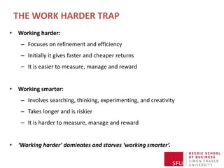 THE WORK HARDER TRAP
• Working harder:
– Focuses on refinement and efficiency
– Initially it gives faster and cheaper returns
– It is easier to measure, manage and reward
• Working smarter:
– Involves searching, thinking, experimenting, and creativity
– Takes longer and is riskier
– It is harder to measure, manage and reward
• ‘Working harder’ dominates and starves ‘working smarter’.
 