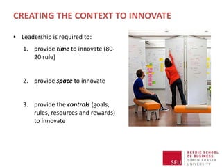 CREATING THE CONTEXT TO INNOVATE
• Leadership is required to:
1. provide time to innovate (80-
20 rule)
2. provide space to innovate
3. provide the controls (goals,
rules, resources and rewards)
to innovate
 
