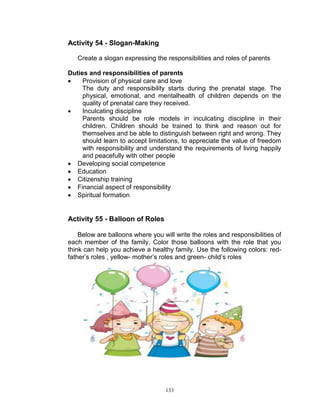Activity 54 - Slogan-Making
Create a slogan expressing the responsibilities and roles of parents
Duties and responsibilities of parents

Provision of physical care and love
The duty and responsibility starts during the prenatal stage. The
physical, emotional, and mentalhealth of children depends on the
quality of prenatal care they received.

Inculcating discipline
Parents should be role models in inculcating discipline in their
children. Children should be trained to think and reason out for
themselves and be able to distinguish between right and wrong. They
should learn to accept limitations, to appreciate the value of freedom
with responsibility and understand the requirements of living happily
and peacefully with other people
 Developing social competence
 Education
 Citizenship training
 Financial aspect of responsibility
 Spiritual formation

Activity 55 - Balloon of Roles
Below are balloons where you will write the roles and responsibilities of
each member of the family. Color those balloons with the role that you
think can help you achieve a healthy family. Use the following colors: redfather‟s roles , yellow- mother‟s roles and green- child‟s roles

Additional Information

133

 
