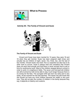 What to Process

Activity 58 - The Family of Vincent and Susie

The Family of Vincent and Susie
Vincent and Susie have been married for 10 years; they were 18 and
16 when they got married. Susie has been pregnant eight times and
actually has six children of eight, seven, five, three, two, and the last of
two months. Vincent works very hard. He is a carpenter but also has to do
other work to survive. Susie is always tired and complains that Vincent
does not work hard enough and that there is never enough food to eat or
time for anything but work. Most of the children stopped going to school in
order to work in a neighbour's fields. The seven and five-year-old children
are still at school but will not be able to stay much longer because there is
no money for the fees. The youngest child was born too early and is very
sickly. At the moment he has bad diarrhea. The doctor has told Susie that
she should not have any more children because her health is very poor
now. They did not plan the number of children in the family because they
say; it depends on destiny and customs.

137

 