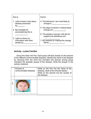 Part A.

Part B

1. I plan to learn more about
disease prevention
by_______.

4. The behaviour I am most likely to
change is _________________.

2. My timetable for
accomplishing this is
____________.
3. I plan to share my
information with other
people by_____________.

5. The steps involved in making these
change are ____________.
6. The people or groups I will ask for
support and assistance are
________________
7. My rewards for making this change
will be _______________.

Activity - Looks Familiar
Group the class into five. Each group will look closely on the pictures
of the different communicable diseases. Identify the name of the disease
by choosing from the word box provided and discuss among group
members the possible causes of the disease. Write the answer in the
activity notebook.
Pictures of
communicable diseases

Write on the first row the name of the
disease, (look at the choices below).
Write on the second row the causes of
the disease.

1

156

 