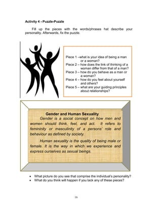 Activity 4 - Puzzle-Puzzle
Fill up the pieces with the words/phrases hat describe your
personality. Afterwards, fix the puzzle.

Piece 1 –what is your idea of being a man
or a woman?
Piece 2 – how does the link of thinking of a
woman differ from that of a man?
Piece 3 – how do you behave as a man or
a woman?
Piece 4 – how do you feel about yourself
and others?
Piece 5 – what are your guiding principles
about relationships?



What figure have you formed?

Gender and Human Sexuality
Gender is a social concept on how men and
women should think, feel, and act. It refers to
femininity or masculinity of a persons’ role and
behaviour as defined by society.
Human sexuality is the quality of being male or
female. It is the way in which we experience and
express ourselves as sexual beings.




What picture do you see that comprise the individual‟s personality?
What do you think will happen if you lack any of these pieces?

16

 