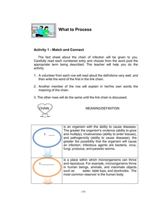 What to Process

Activity 1 - Match and Connect
The fact sheet about the chain of infection will be given to you.
Carefully read each numbered entry and choose from the word pool the
appropriate term being described. The teacher will help you do the
activity.
1. A volunteer from each row will read aloud the definitions very well, and
then write the word of the first in the link chain.
2. Another member of the row will explain in her/his own words the
meaning of the chain.
3. The other rows will do the same until the link chain is discussed.

CHAIN

1. ____

2.__________

MEANING/DEFINITION

is an organism with the ability to cause diseases.
The greater the organism's virulence (ability to grow
and multiply), invasiveness (ability to enter tissues),
and pathogenicity (ability to cause diseases), the
greater the possibility that the organism will cause
an infection. Infectious agents are bacteria, virus,
fungi, protozoa, and parasitic worms.

is a place within which microorganisms can thrive
and reproduce. For example, microorganisms thrive
in human beings, animals, and inanimate objects
such as
water, table tops, and doorknobs. The
most common reservoir is the human body.

179

 