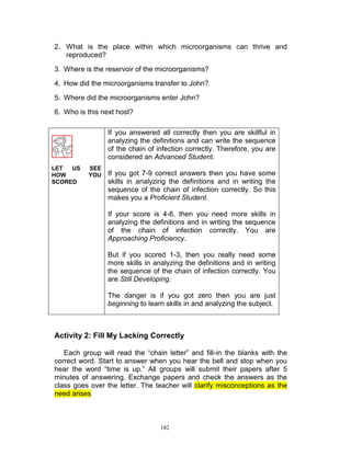 2. What is the place within which microorganisms can thrive and
reproduced?
3. Where is the reservoir of the microorganisms?
4. How did the microorganisms transfer to John?
5. Where did the microorganisms enter John?
6. Who is this next host?
If you answered all correctly then you are skillful in
analyzing the definitions and can write the sequence
of the chain of infection correctly. Therefore, you are
considered an Advanced Student.
LET
US
HOW
SCORED

SEE
YOU

If you got 7-9 correct answers then you have some
skills in analyzing the definitions and in writing the
sequence of the chain of infection correctly. So this
makes you a Proficient Student.
If your score is 4-6, then you need more skills in
analyzing the definitions and in writing the sequence
of the chain of infection correctly. You are
Approaching Proficiency.
But if you scored 1-3, then you really need some
more skills in analyzing the definitions and in writing
the sequence of the chain of infection correctly. You
are Still Developing.
The danger is if you got zero then you are just
beginning to learn skills in and analyzing the subject.

Activity 2: Fill My Lacking Correctly
Each group will read the “chain letter” and fill-in the blanks with the
correct word. Start to answer when you hear the bell and stop when you
hear the word “time is up.” All groups will submit their papers after 5
minutes of answering. Exchange papers and check the answers as the
class goes over the letter. The teacher will clarify misconceptions as the
need arises

182

 