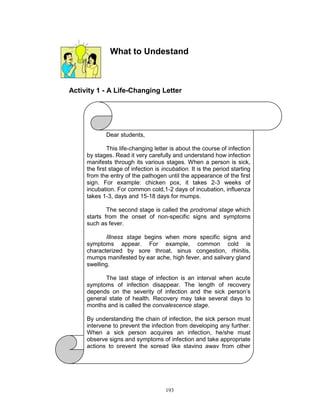 What to Undestand

Activity 1 - A Life-Changing Letter

Dear students,
This life-changing letter is about the course of infection
by stages. Read it very carefully and understand how infection
manifests through its various stages. When a person is sick,
the first stage of infection is incubation. It is the period starting
from the entry of the pathogen until the appearance of the first
sign. For example: chicken pox, it takes 2-3 weeks of
incubation. For common cold,1-2 days of incubation, influenza
takes 1-3, days and 15-18 days for mumps.
The second stage is called the prodromal stage which
starts from the onset of non-specific signs and symptoms
such as fever.
Illness stage begins when more specific signs and
symptoms appear. For example, common cold is
characterized by sore throat, sinus congestion, rhinitis,
mumps manifested by ear ache, high fever, and salivary gland
swelling.
The last stage of infection is an interval when acute
symptoms of infection disappear. The length of recovery
depends on the severity of infection and the sick person‟s
general state of health. Recovery may take several days to
months and is called the convalescence stage.
By understanding the chain of infection, the sick person must
intervene to prevent the infection from developing any further.
When a sick person acquires an infection, he/she must
observe signs and symptoms of infection and take appropriate
actions to prevent the spread like staying away from other
people,
and taking the doctor‟s advise seriously. Infection follows a
progressive course
as explained above. The severity of the sick person‟s illness
depends on the extent of the infection, the pathogenicity of the
microorganism and susceptibility of the host.
193

I hope that you were able to learn something about the stages
of infections.
-Michelle Ziegler, Contagions, wordpress.com

 