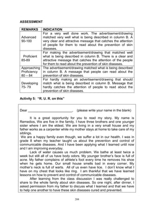 ASSESSMENT
REMARKS

INDICATION
For a very well done work. The advertisement/drawing
Advanced
matched very well what is being described in column B. A
90-100
very clear and attractive message that catches the attention
of people for them to read about the prevention of skin
diseases.
For making the advertisement/drawing that matched well
Proficient
what is being described in column B. There is a clear and
85-89
attractive message that catches the attention of the people
for them to read about the prevention of skin diseases.
Approaching The advertisement/drawing matched what is being described
Proficiency
in column B. A message that people can read about the
80 – 84
prevention of skin diseases.
For hardly making an advertisement/drawing that should
Developing
match what is being described in column B. Message that
75- 79
hardly catches the attention of people to read about the
prevention of skin diseases.
Activity 5: “R. U. R. on this”

Dear ________________________,

(please write your name in the blank)

It is a great opportunity for you to read my story. My name is
Remedios, We are five in the family. I have three brothers and one younger
sister where I am the eldest. We are living in a very small house and my
father works as a carpenter while my mother stays at home to take care of my
siblings.
We are a happy family even though, we suffer a lot in our health. I was in
grade 8 when my teacher taught us about the prevention and control of
communicable diseases. And I have been applying what I learned until now
and I am improving everyday.
Lack of water causes us much problem. We bathe at least twice a
week but still all of us have body odors. My younger brother‟s face is full of
acne. My father complains of athlete‟s foot every time he removes his shoe
when he gets home. Our small house smells bad in every corner. My
mother‟s neck is full of warts. All of us even have lice. I don‟t know what I
have on my chest that looks like ring. I am thankful that we have learned
lessons on how to prevent and control of communicable diseases.
After learning from the class discussion I was really challenged to
share to the whole family about skin diseases. So one night, after dinner, I
asked permission from my father to discuss what I learned and that we have
to help one another to have these skin diseases cured and prevented.
208

 