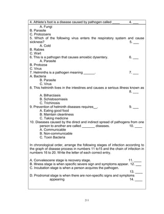 4. Athlete‟s foot is a disease caused by pathogen called ____
4. ___
A. Fungi
B. Parasite
C. Protozoans
5. Which of the following virus enters the respiratory system and cause
sickness?
5. ___
A. Cold
B. Rabies
C. Wart
6. This is a pathogen that causes amoebic dysentery.
6. ___
A. Parasite
B. Protozoa
C. Virus
7. Helminths is a pathogen meaning ______.
7. ___
A. Bacteria
B. Parasite
C. Virus
8. This helminth lives in the intestines and causes a serious illness known as
8. ___
A. Bilharziasis
B. Schistosomiasis
C. Trichinosis
9. Prevention of helminth diseases requires__.
9. ___
A. Eating good food
B. Maintain cleanliness
C. Taking medicine
10. Diseases caused by the direct and indirect spread of pathogens from one
person to another are called _______ diseases.
10. ____
A. Communicable
B. Non-communicable
C. Toxin Bacteria
In chronological order, arrange the following stages of infection according to
the graph of disease process in numbers 11 to15 and the chain of infection in
numbers 16 to 20. Write the letter of each correct entry.
A. Convalescene stage is recovery stage.
11. ____
B. Illness stage is when specific severe sign and symptoms appear. 12. ___
C. Incubation stage is when a person acquires the pathogen.
13. ____
D. Prodromal stage is when there are non-specific signs and symptoms
appearing
14. ____

211

 