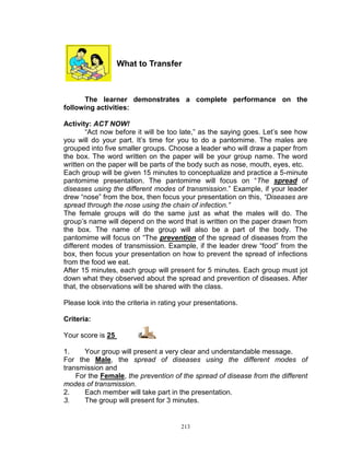 What to Transfer

The learner demonstrates a complete performance on the
following activities:
Activity: ACT NOW!
“Act now before it will be too late,” as the saying goes. Let‟s see how
you will do your part. It‟s time for you to do a pantomime. The males are
grouped into five smaller groups. Choose a leader who will draw a paper from
the box. The word written on the paper will be your group name. The word
written on the paper will be parts of the body such as nose, mouth, eyes, etc.
Each group will be given 15 minutes to conceptualize and practice a 5-minute
pantomime presentation. The pantomime will focus on “The spread of
diseases using the different modes of transmission.” Example, if your leader
drew “nose” from the box, then focus your presentation on this, “Diseases are
spread through the nose using the chain of infection.”
The female groups will do the same just as what the males will do. The
group‟s name will depend on the word that is written on the paper drawn from
the box. The name of the group will also be a part of the body. The
pantomime will focus on “The prevention of the spread of diseases from the
different modes of transmission. Example, if the leader drew “food” from the
box, then focus your presentation on how to prevent the spread of infections
from the food we eat.
After 15 minutes, each group will present for 5 minutes. Each group must jot
down what they observed about the spread and prevention of diseases. After
that, the observations will be shared with the class.
Please look into the criteria in rating your presentations.
Criteria:
Your score is 25

if

1.
Your group will present a very clear and understandable message.
For the Male, the spread of diseases using the different modes of
transmission and
For the Female, the prevention of the spread of disease from the different
modes of transmission.
2.
Each member will take part in the presentation.
3.
The group will present for 3 minutes.

213

 