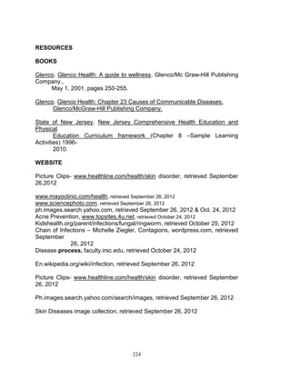 RESOURCES
BOOKS
Glenco. Glenco Health: A guide to wellness. Glenco/Mc Graw-Hill Publishing
Company.,
May 1, 2001, pages 250-255.
Glenco. Glenco Health: Chapter 23 Causes of Communicable Diseases.
Glenco/McGraw-Hill Publishing Company.
State of New Jersey. New Jersey Comprehensive Health Education and
Physical
Education Curriculum framework (Chapter 8 –Sample Learning
Activities) 19962010.
WEBSITE
Picture Clips- www.healthline.com/health/skin disorder, retrieved September
26,2012
www.mayoclinic.com/health, retrieved September 26, 2012
www.sciencephoto.com, retrieved September 26, 2012
ph.images.search.yahoo.com, retrieved September 26, 2012 & Oct. 24, 2012
Acne Prevention, www.topsites.4u.net, retrieved October 24, 2012
Kidshealth.org/parent/infections/fungal/ringworm, retrieved October 25, 2012
Chain of Infections – Michelle Ziegler, Contagions, wordpress.com, retrieved
September
26, 2012
Disease process, faculty.irsc.edu, retrieved October 24, 2012
En.wikipedia.org/wiki/infection, retrieved September 26, 2012
Picture Clips- www.healthline.com/health/skin disorder, retrieved September
26, 2012
Ph.images.search.yahoo.com/search/images, retrieved September 26, 2012
Skin Diseases image collection, retrieved September 26, 2012

224

 