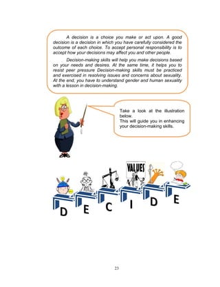 A decision is a choice you make or act upon. A good
decision is a decision in which you have carefully considered the
outcome of each choice. To accept personal responsibility is to
accept how your decisions may affect you and other people.
Decision-making skills will help you make decisions based
on your needs and desires. At the same time, it helps you to
resist peer pressure Decision-making skills must be practiced
and exercised in resolving issues and concerns about sexuality.
At the end, you have to understand gender and human sexuality
with a lesson in decision-making.

Take a look at the illustration
below.
This will guide you in enhancing
your decision-making skills.

23

 