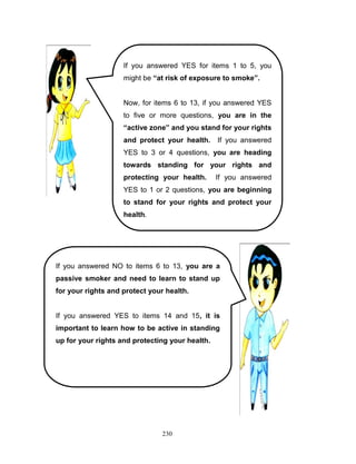 If you answered YES for items 1 to 5, you
might be “at risk of exposure to smoke”.

Now, for items 6 to 13, if you answered YES
to five or more questions, you are in the
“active zone” and you stand for your rights
and protect your health.

If you answered

YES to 3 or 4 questions, you are heading
towards standing for your rights and
protecting your health.

If you answered

YES to 1 or 2 questions, you are beginning
to stand for your rights and protect your
health.

If you answered NO to items 6 to 13, you are a
passive smoker and need to learn to stand up
for your rights and protect your health.

If you answered YES to items 14 and 15, it is
important to learn how to be active in standing
up for your rights and protecting your health.

230

 