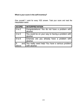What is your score in the self-inventory?

Give yourself 1 point for every YES answer. Total your score and read the
interpretation below:

SCORE
0 to 2

INTERPRETATION
Congratulations! You do not have a problem with
alcohol.
3 to 5
You could be on your way to having a problem with
alcohol.
6 to 8
Chances are you already have a problem with
alcohol.
9
and You really need help! You have a serious problem
above
with alcohol.

235

 
