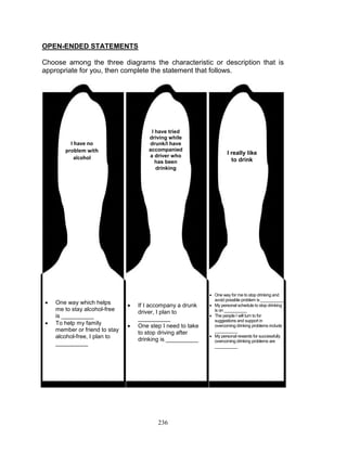 OPEN-ENDED STATEMENTS
Choose among the three diagrams the characteristic or description that is
appropriate for you, then complete the statement that follows.

I have tried
driving while
drunk/I have
accompanied
a driver who
has been
drinking

I have no
problem with
alcohol




One way which helps
me to stay alcohol-free
is __________
To help my family
member or friend to stay
alcohol-free, I plan to
__________




If I accompany a drunk
driver, I plan to
__________
One step I need to take
to stop driving after
drinking is __________

236

I really like
to drink

 One way for me to stop drinking and
avoid possible problem is __________
 My personal schedule to stop drinking
is on __________
 The people I will turn to for
suggestions and support in
overcoming drinking problems include
__________
 My personal rewards for successfully
overcoming drinking problems are
__________

 