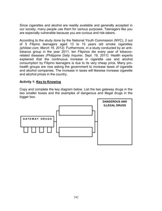 Since cigarettes and alcohol are readily available and generally accepted in
our society, many people use them for various purposes. Teenagers like you
are especially vulnerable because you are curious and risk-takers.
According to the study done by the National Youth Commission (NYC), 2 out
of 5 Filipino teenagers aged 13 to 15 years old smoke cigarettes
(philstar.com, March 16, 2012). Furthermore, in a study conducted by an antitobacco group in the year 2011, ten Filipinos die every year of tobaccorelated diseases (Philippine Daily Inquirer, Sept. 19, 2011). Health experts
explained that the continuous increase in cigarette use and alcohol
consumption by Filipino teenagers is due to its very cheap price. Many prohealth groups are now asking the government to increase taxes of cigarette
and alcohol companies. The increase in taxes will likewise increase cigarette
and alcohol prices in the country.
Activity 1: Key to Knowing
Copy and complete the key diagram below. List the two gateway drugs in the
two smaller boxes and the examples of dangerous and illegal drugs in the
bigger box.
DANGEROUS AND
ILLEGAL DRUGS

GATEWAY DRUGS

242

 