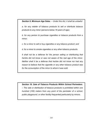 Section 9. Minimum Age Sales. – Under this Act, it shall be unlawful
a. for any retailer of tobacco products to sell or distribute tobacco
products to any minor (persons below 18 years of age);
b. for any person to purchase cigarettes or tobacco products from a
minor;
c. for a minor to sell or buy cigarettes or any tobacco product; and
d. for a minor to smoke cigarettes or any other tobacco products.
It shall not be a defense for the person selling or distributing that
he/she did not know or was not aware of the real age of the minor.
Neither shall it be a defense that he/she did not know nor had any
reason to believe that the cigarette or any other tobacco product was
for the consumption of the minor to whom it was sold.

Section 10. Sale of Tobacco Products Within School Perimeters.
– The sale or distribution of tobacco products is prohibited within one
hundred (100) meters from any point of the perimeter of a school,
public playground, or other facility frequented particularly by minors.

263

 