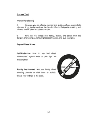 Process This!

Answer the following:
1.
How can you, as a family member and a citizen of our country help
minimize, if not totally eradicate the harmful effects of cigarette smoking and
tobacco use? Explain and give examples.

2.
How will you protect your family, friends, and others from the
dangers of smoking and chewing tobacco? Explain and give examples.

Beyond Class Hours:

Self-Reflection: How do you feel about
nonsmokers‟ rights? How do you fight for
these rights?

Family Involvement: Ask your family about
smoking policies at their work or school.
Share your findings to the class.

267

 