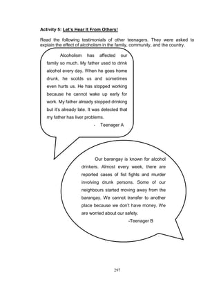 Activity 5: Let’s Hear It From Others!
Read the following testimonials of other teenagers. They were asked to
explain the effect of alcoholism in the family, community, and the country.
Alcoholism

has

affected

our

family so much. My father used to drink
alcohol every day. When he goes home
drunk, he scolds us and sometimes
even hurts us. He has stopped working
because he cannot wake up early for
work. My father already stopped drinking
but it‟s already late. It was detected that
my father has liver problems.
-

Teenager A

-

Our barangay is known for alcohol
drinkers. Almost every week, there are
reported cases of fist fights and murder
involving drunk persons. Some of our
neighbours started moving away from the
barangay. We cannot transfer to another
place because we don‟t have money. We
are worried about our safety.
-Teenager B

-

297

Teenager B

 