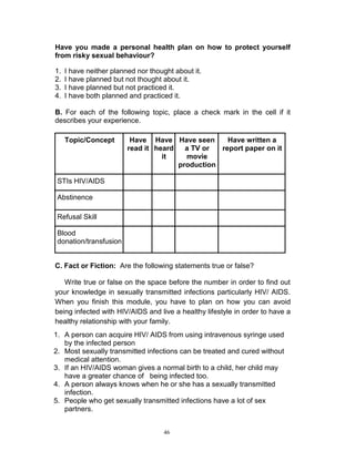 Have you made a personal health plan on how to protect yourself
from risky sexual behaviour?
1.
2.
3.
4.

I have neither planned nor thought about it.
I have planned but not thought about it.
I have planned but not practiced it.
I have both planned and practiced it.

B. For each of the following topic, place a check mark in the cell if it
describes your experience.
Topic/Concept

Have Have Have seen
Have written a
read it heard
a TV or
report paper on it
it
movie
production

STIs HIV/AIDS
Abstinence
Refusal Skill
Blood
donation/transfusion
C. Fact or Fiction: Are the following statements true or false?
Write true or false on the space before the number in order to find out
your knowledge in sexually transmitted infections particularly HIV/ AIDS.
When you finish this module, you have to plan on how you can avoid
being infected with HIV/AIDS and live a healthy lifestyle in order to have a
healthy relationship with your family.
1. A person can acquire HIV/ AIDS from using intravenous syringe used
by the infected person
2. Most sexually transmitted infections can be treated and cured without
medical attention.
3. If an HIV/AIDS woman gives a normal birth to a child, her child may
have a greater chance of being infected too.
4. A person always knows when he or she has a sexually transmitted
infection.
5. People who get sexually transmitted infections have a lot of sex
partners.
46

 