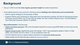 Background
• Set up in 2024 to provide more regular, granular insight into patient experience.
• It has rapidly become a key source for informing various briefings and critical plans and commitments
• Informs regular briefings to the Secretary of State
• Supports delivery and monitoring of critical plans and commitments including: the Plan for Recovering Access
to Primary Care (PCARP), the 10 Year Plan for Health, the Plan to Reform Elective Care, The NHS Medium
Term Planning Framework 2026/27 to 2028/29.
• Key achievements in the first year:
• Digital recruitment approach: HIS is the first patient experience survey using NHS Notify to recruit new survey
participants
• Regular sample boosts: Significantly grown the sample, 15,071 new participants added in Wave 14 (Sep
2025), and a further 24,733 in Wave 17 (to be published in Dec 25).
• The first national survey to capture patient experience of community health services.
• Added insight into the data through a series of statistical bulletins
 