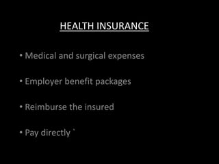 HEALTH INSURANCE

• Medical and surgical expenses

• Employer benefit packages

• Reimburse the insured

• Pay directly `
 