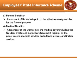 Employees' State Insurance Scheme

5) Funeral Benefit :-
 An amount of Rs. 5000 is paid to the eldest surviving member
  ...