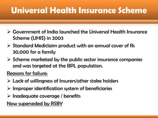 Universal Health Insurance Scheme

 Government of India launched the Universal Health Insurance
  Scheme (UHIS) in 2003
...