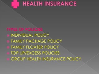 TYPES OF POLICIES
 INDIVIDUAL POLICY
 FAMILY PACKAGE POLICY
 FAMILY FLOATER POLICY
 TOP UP/EXCESS POLICIES
 GROUP HEALTH INSURANCE POLICY
 