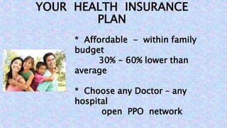 YOUR HEALTH INSURANCE 
PLAN 
* Affordable - within family 
budget 
30% - 60% lower than 
average 
* Choose any Doctor – any 
hospital 
open PPO network 
 